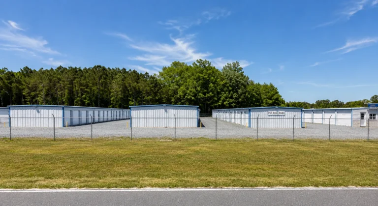 Exterior of the Avatar Self Storage facility in New Church, VA, with drive-up roll-up doors and a gated entrance