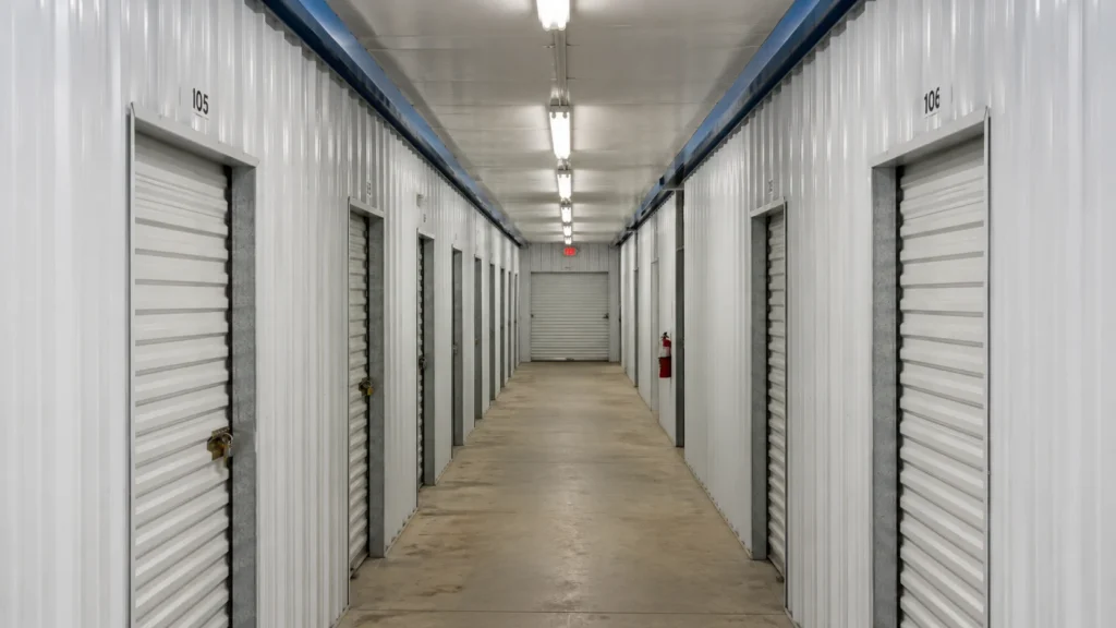 Climate-controlled interior corridor at Avatar Self Storage, lined with orange roll-up unit doors and overhead aisle signage